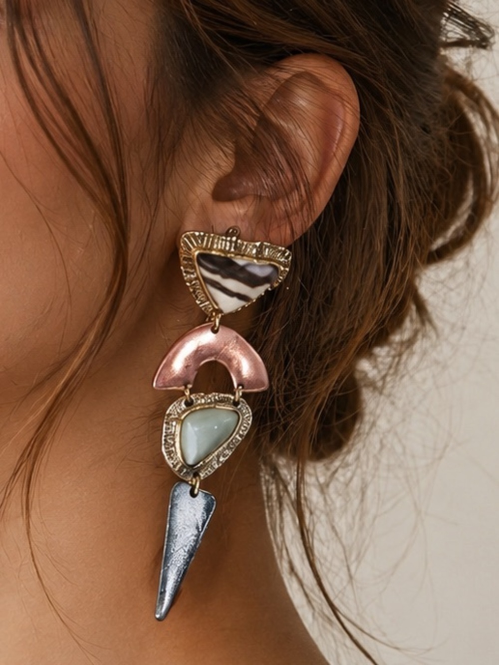 Gold Multi-Shape Drop Earrings with Pink and Blue Accents